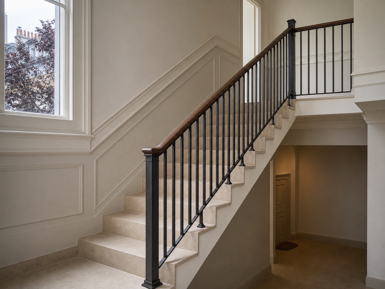 Bespoke steel-and-oak stair balustrade in an upmarket Belsize Park period-property communal hall.